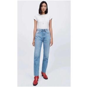 Re/Done Jeans 70s Stovepipe Raw Hem Sz 25 Indie Hipster Stretchy Straight Button